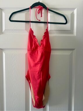 J. Crew Pink Ruffle-Trim Deep-V Tie-Neck Swimsuit